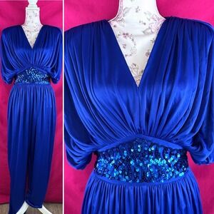 Vintage Blue Sequin Jumpsuit Glam Date Night Disco Party Dressy 80s Abby Kent